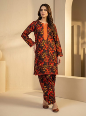 Midnight Flora 3-Piece Printed Lawn Suit – Black and Burnt Orange Co-ord Set with Dupatta