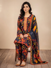 Midnight Flora 3-Piece Printed Lawn Suit – Black and Burnt Orange Co-ord Set with Dupatta