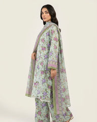 Pistachio and Mauve Floral 3-Piece Stitched Lawn Suit with Embroidered Front, Tassels, Matching Printed Trousers and Chiffon Dupatta