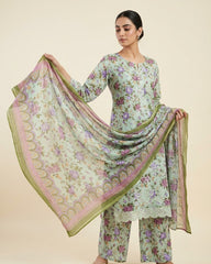 Pistachio and Mauve Floral 3-Piece Stitched Lawn Suit with Embroidered Front, Tassels, Matching Printed Trousers and Chiffon Dupatta