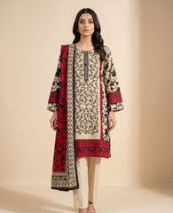 Beige and Red Floral Printed 3-Piece Lawn Suit – Embroidered Front with Tassels | Ready-to-Wear Summer Collection