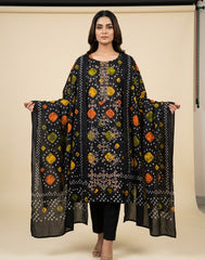 Premium Black Bandhani ( chunnari ) Printed Lawn 3-Piece Suite – Embroidered Neckline with Tassels – Ready-to-Wear Summer Collection