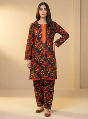 Midnight Flora 3-Piece Printed Lawn Suit – Black and Burnt Orange Co-ord Set with Dupatta
