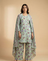 Pistachio and Mauve Floral 3-Piece Stitched Lawn Suit with Embroidered Front, Tassels, Matching Printed Trousers and Chiffon Dupatta