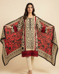 Beige and Red Floral Printed 3-Piece Lawn Suit – Embroidered Front with Tassels | Ready-to-Wear Summer Collection