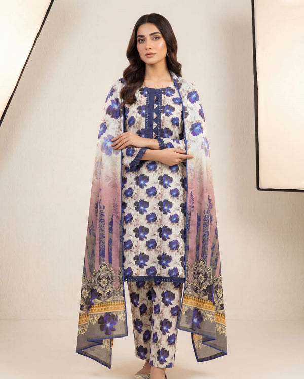 Azure Floral 3-Piece Stitched Summer Lawn Suit – Blue and White Co-ord Set with Lace Detailing