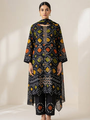 Premium Black Bandhani ( chunnari ) Printed Lawn 3-Piece Suite – Embroidered Neckline with Tassels – Ready-to-Wear Summer Collection